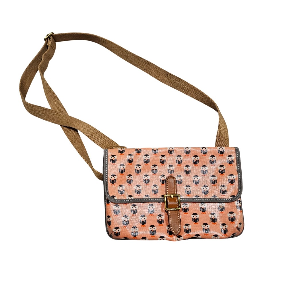 Fossil Crossbody Bag Womens S Peach Owl Print Coated Canvas Whimsical